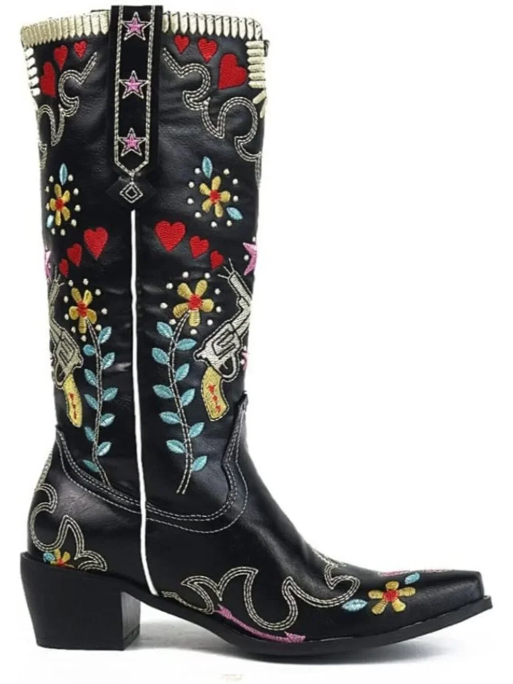 Women's Black Swallow Chunky Low Heels Western Cowboy Knee High Boots